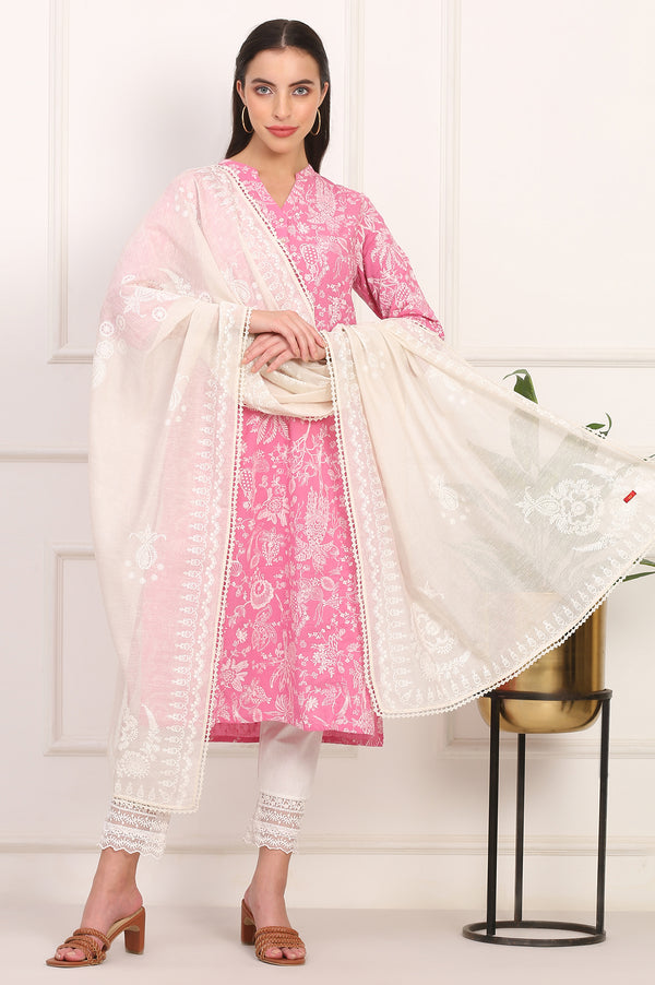 Ecru Printed Lace Embellished Woven Dupatta