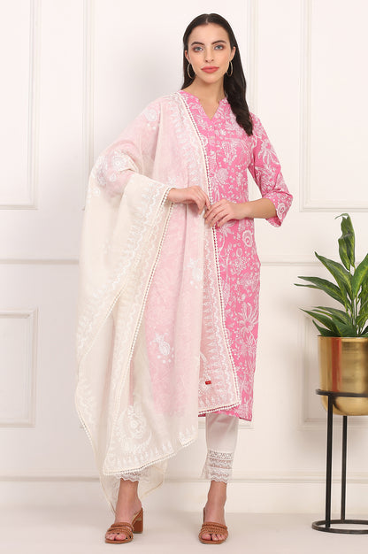 Ecru Printed Lace Embellished Woven Dupatta