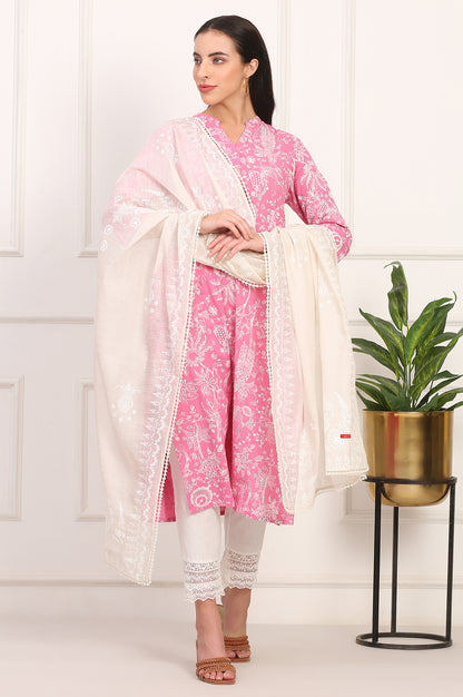 Ecru Printed Lace Embellished Woven Dupatta