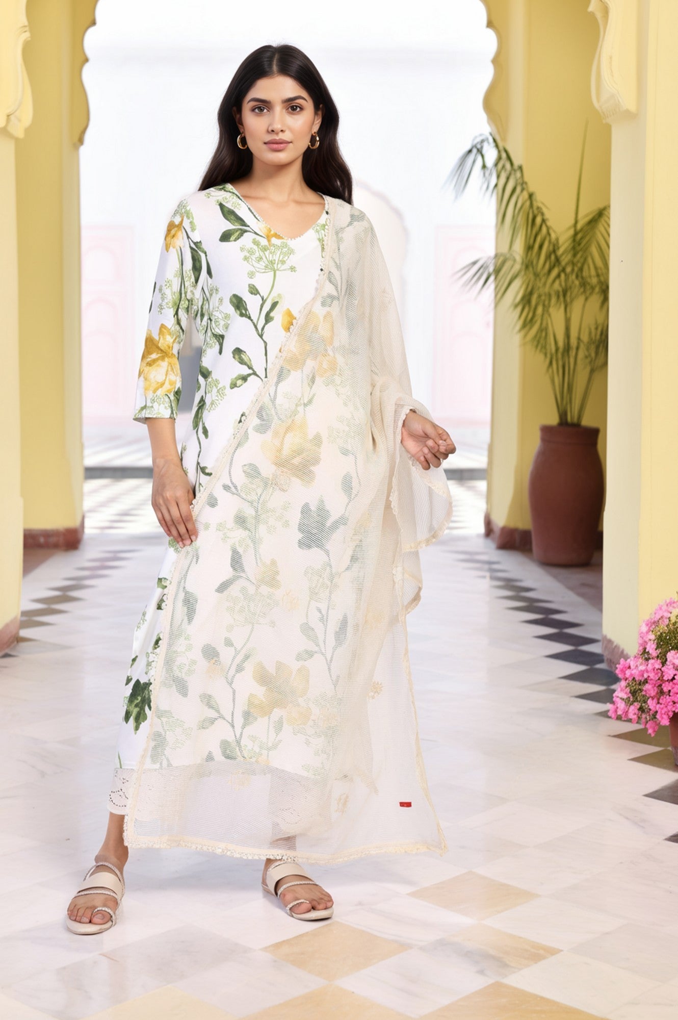 White Striped Floral Print Lace Detailing Nylon Dupatta