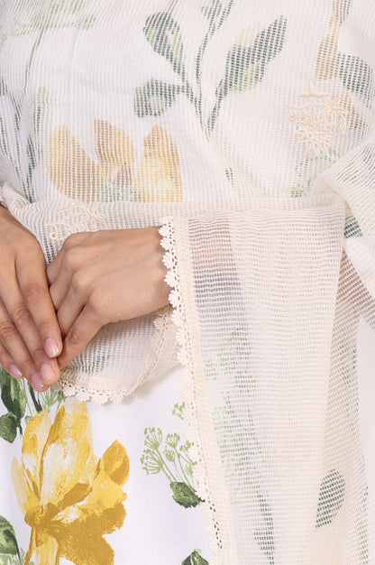White Striped Floral Print Lace Detailing Nylon Dupatta