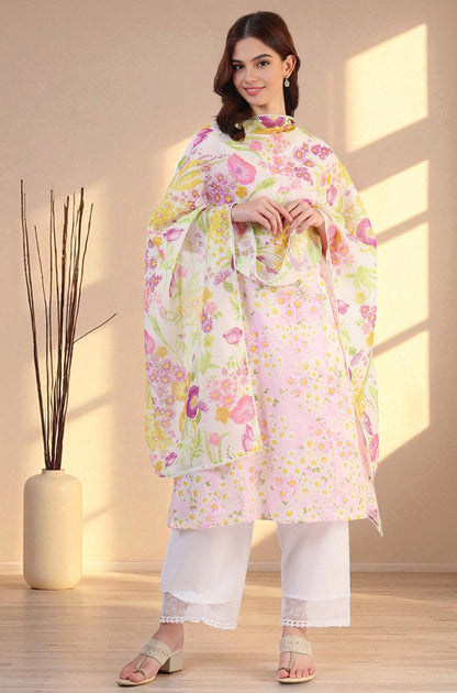 White Floral Printed Kota Dupatta with Lace