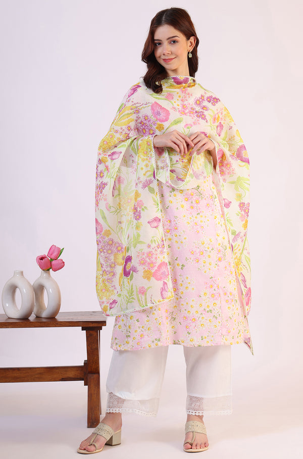 White Floral Printed Kota Dupatta with Lace