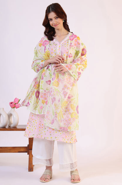 White Floral Printed Kota Dupatta with Lace