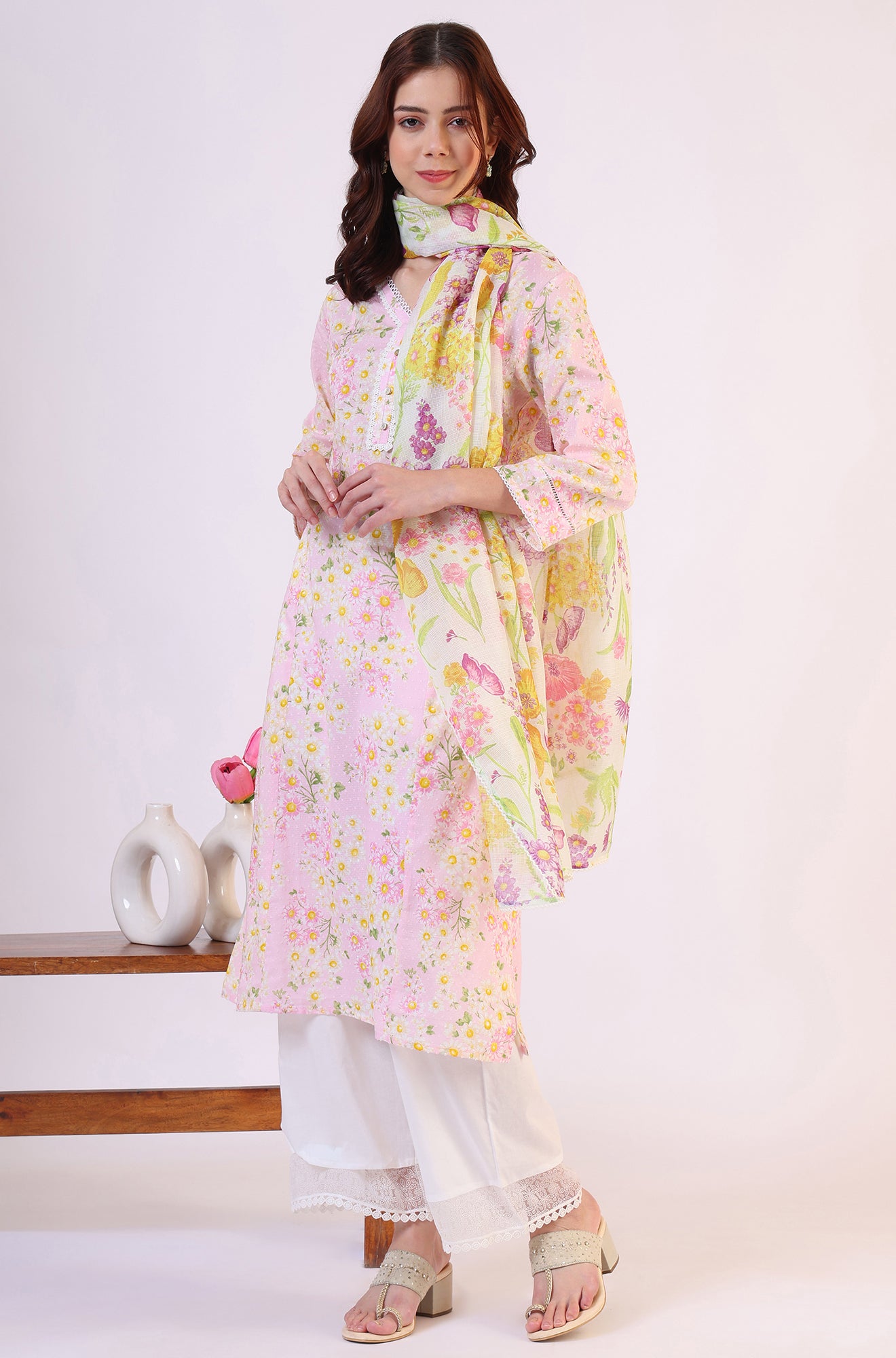 White Floral Printed Kota Dupatta with Lace