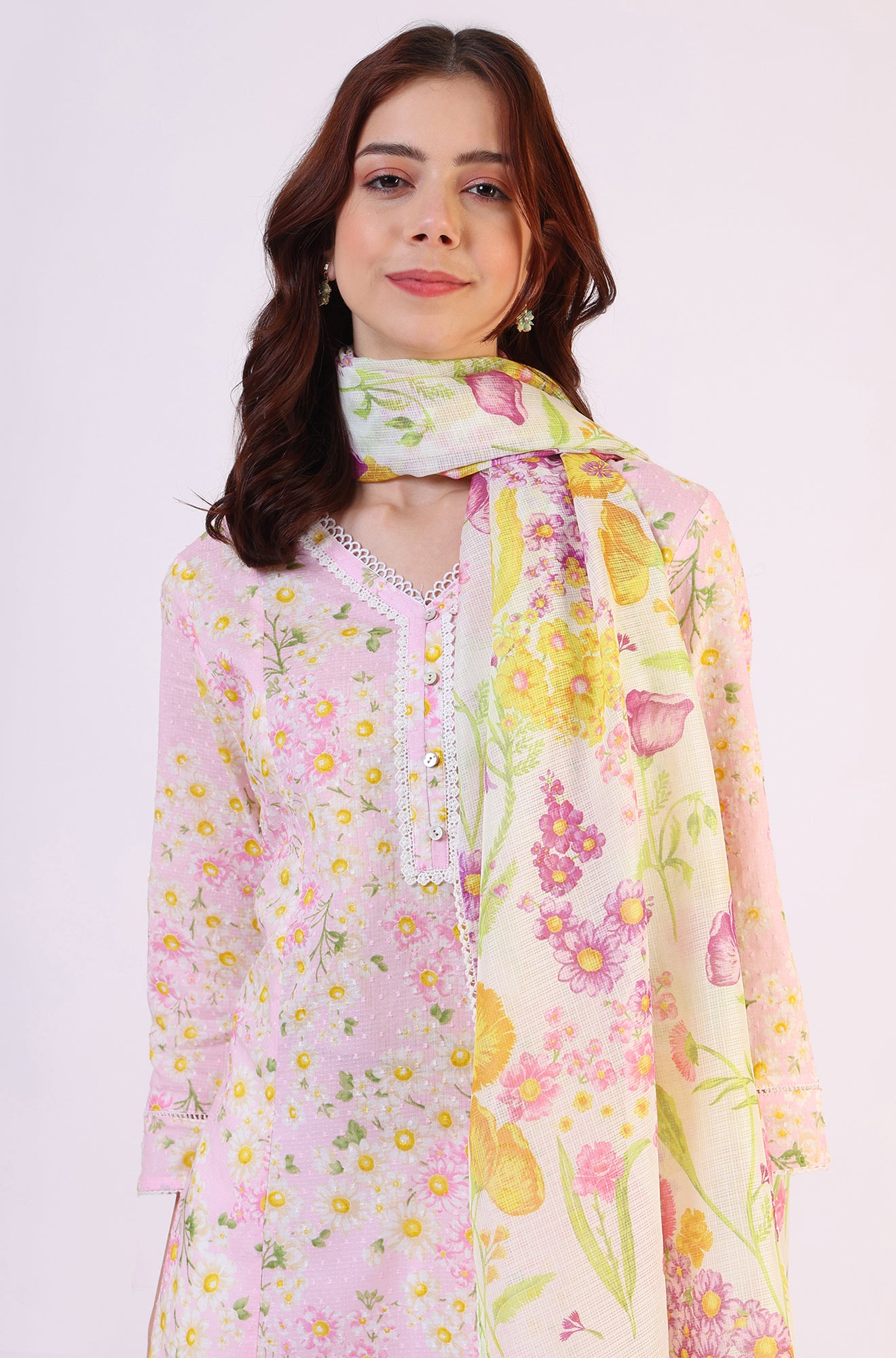 White Floral Printed Kota Dupatta with Lace