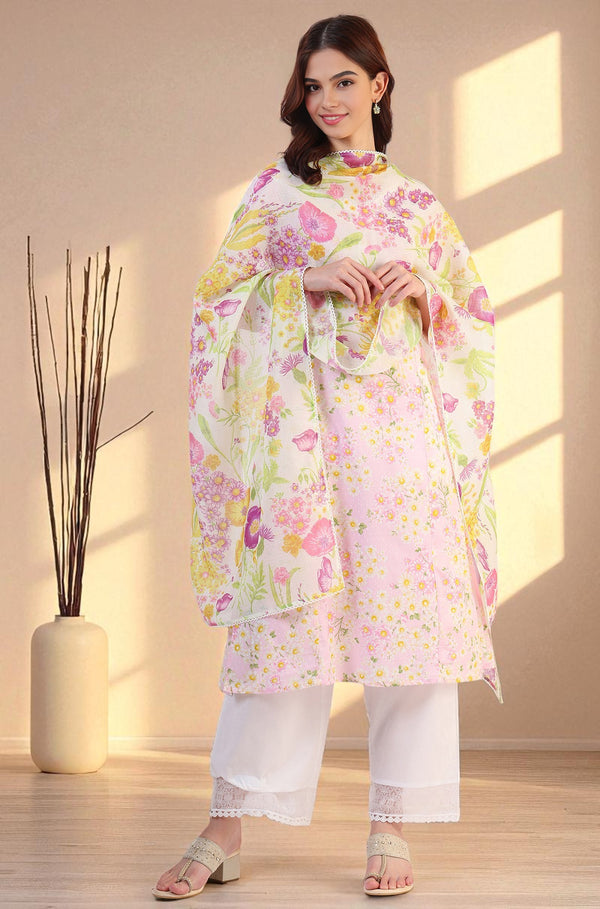 White Floral Printed Kota Dupatta with Lace