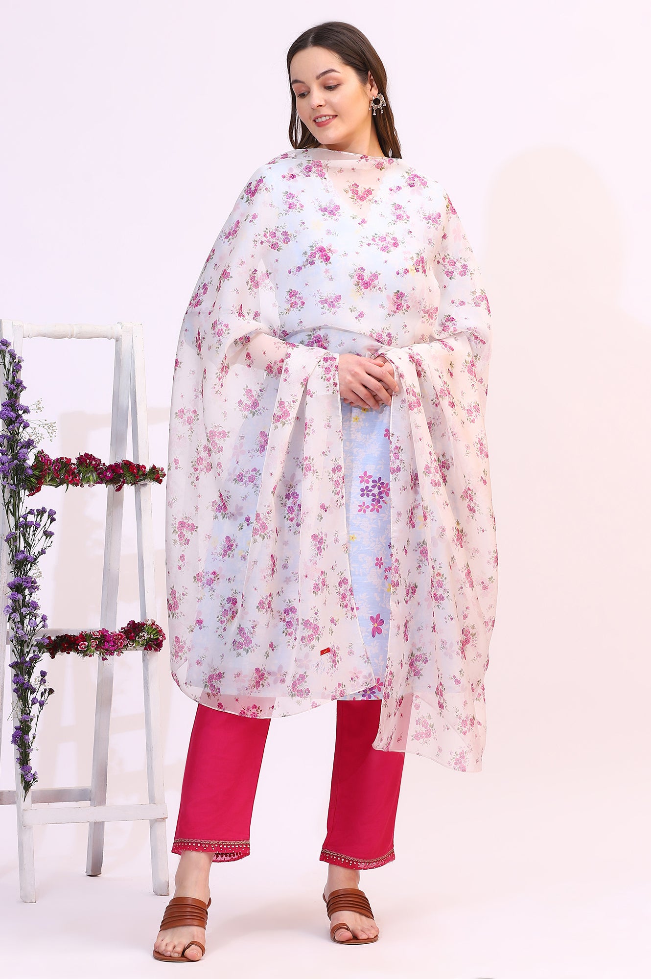 White Floral Printed Organza Dupatta