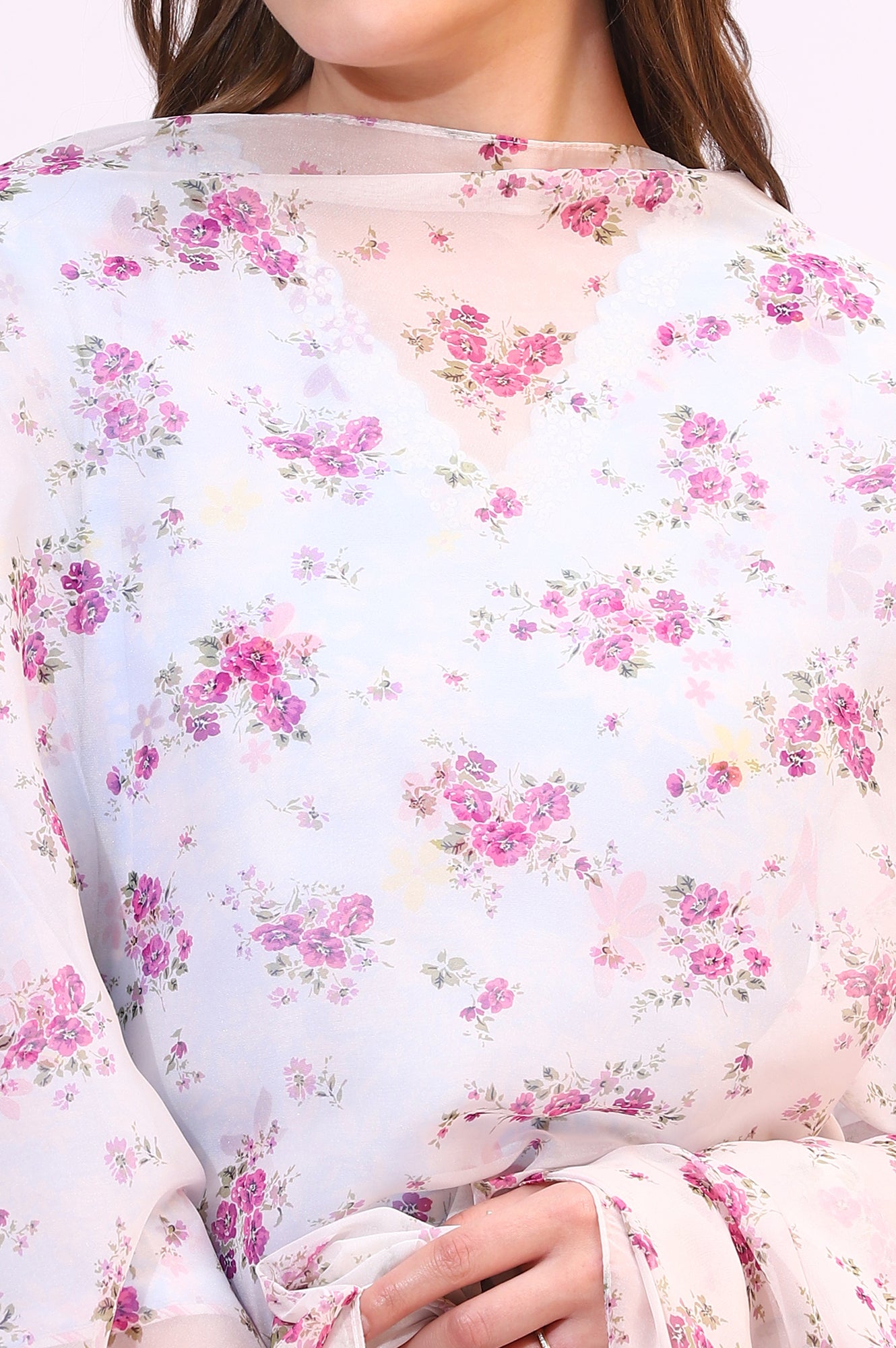 White Floral Printed Organza Dupatta