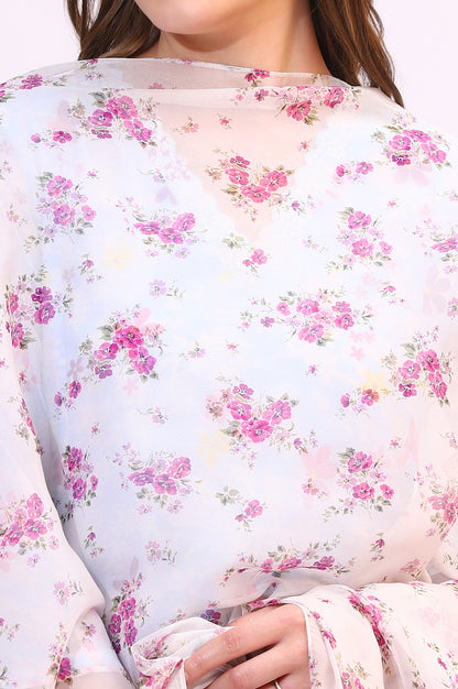 White Floral Printed Organza Dupatta
