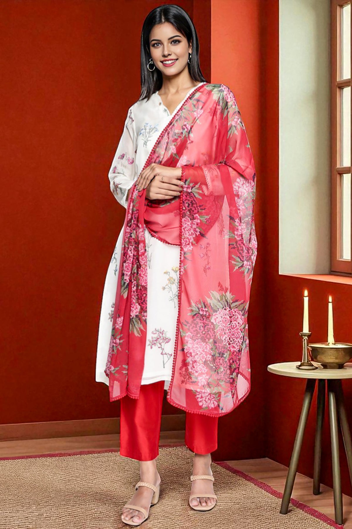 Crimson Red Printed Chiffon Dupatta - Free size