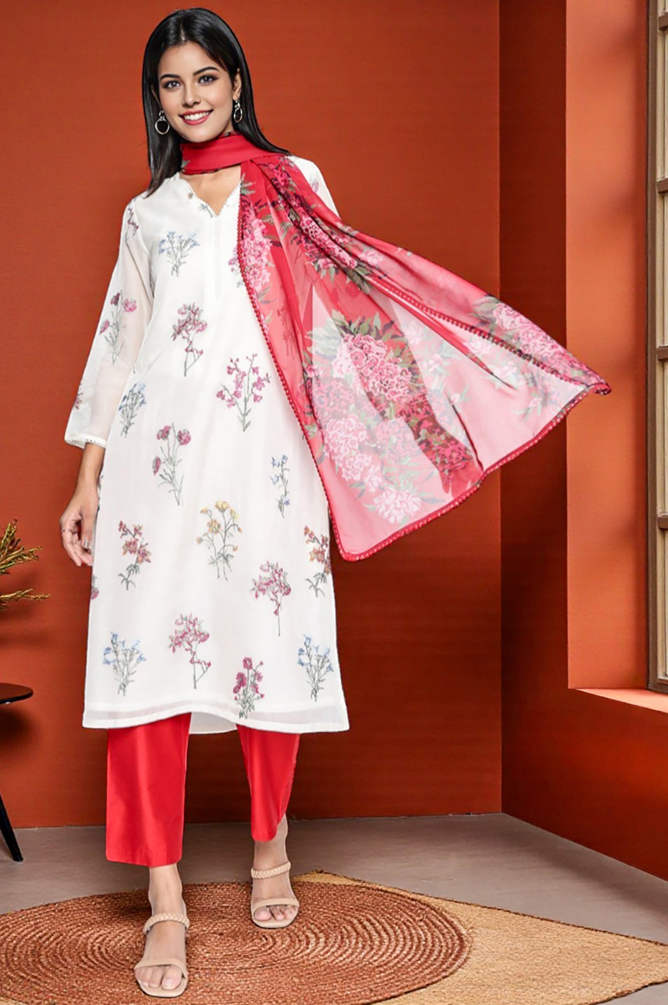 Crimson Red Printed Chiffon Dupatta