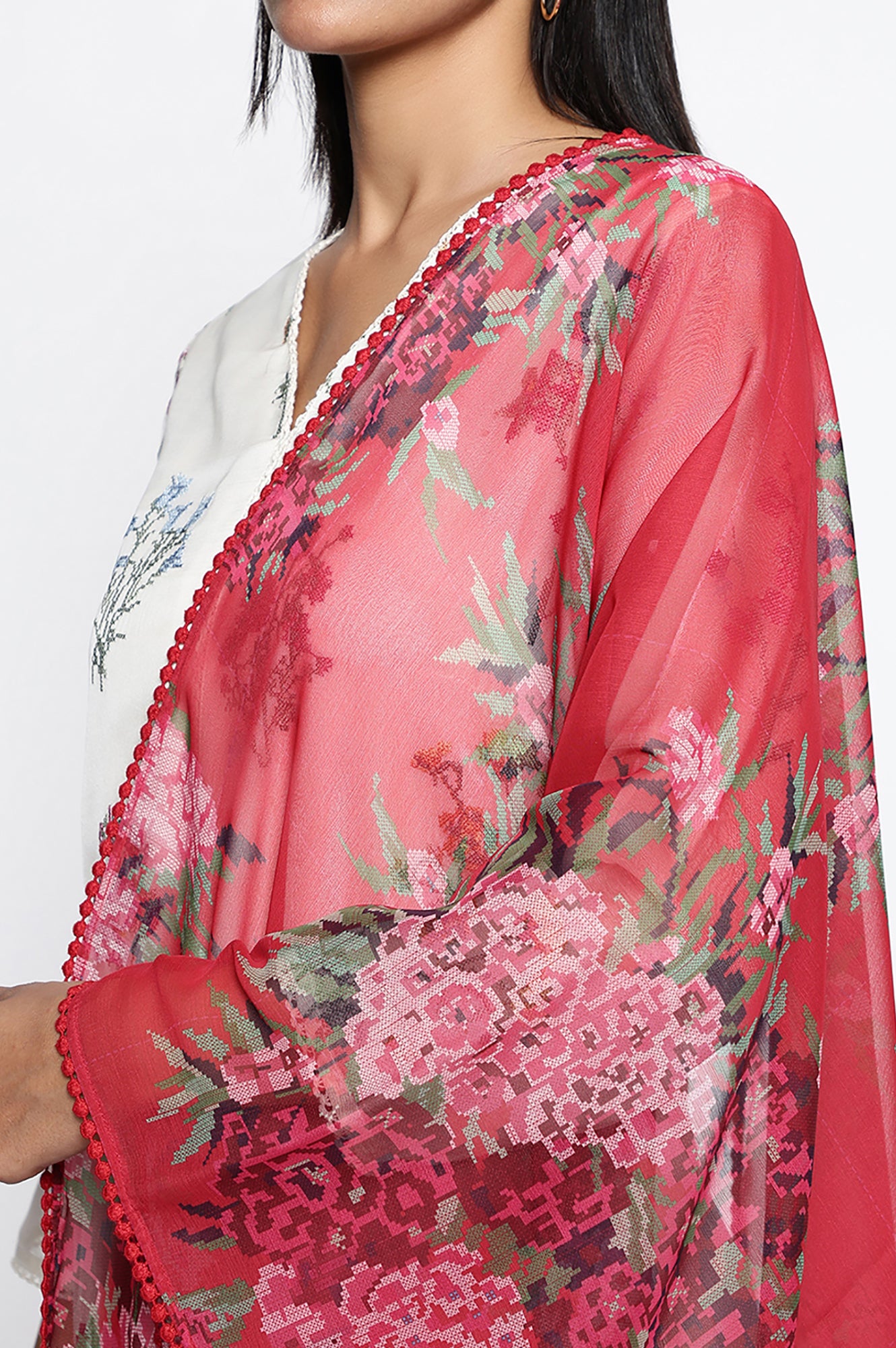 Crimson Red Printed Chiffon Dupatta