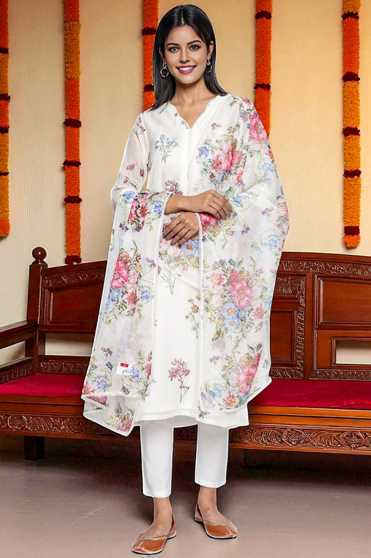 Ecru Printed Organza Dupatta - Free size