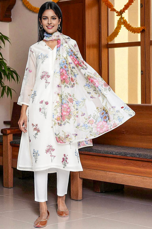 Ecru Printed Organza Dupatta