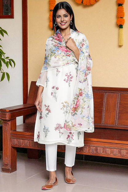 Ecru Printed Organza Dupatta