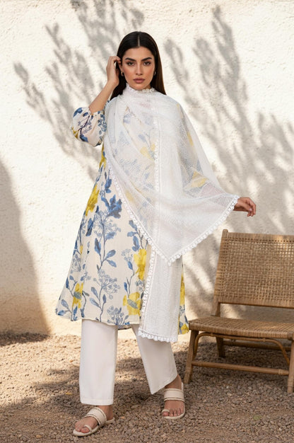 White Striped Lace Detail Straight Woven Dupatta