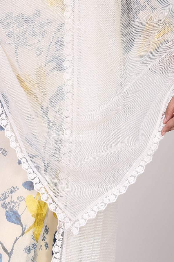 White Striped Lace Detail Straight Woven Dupatta