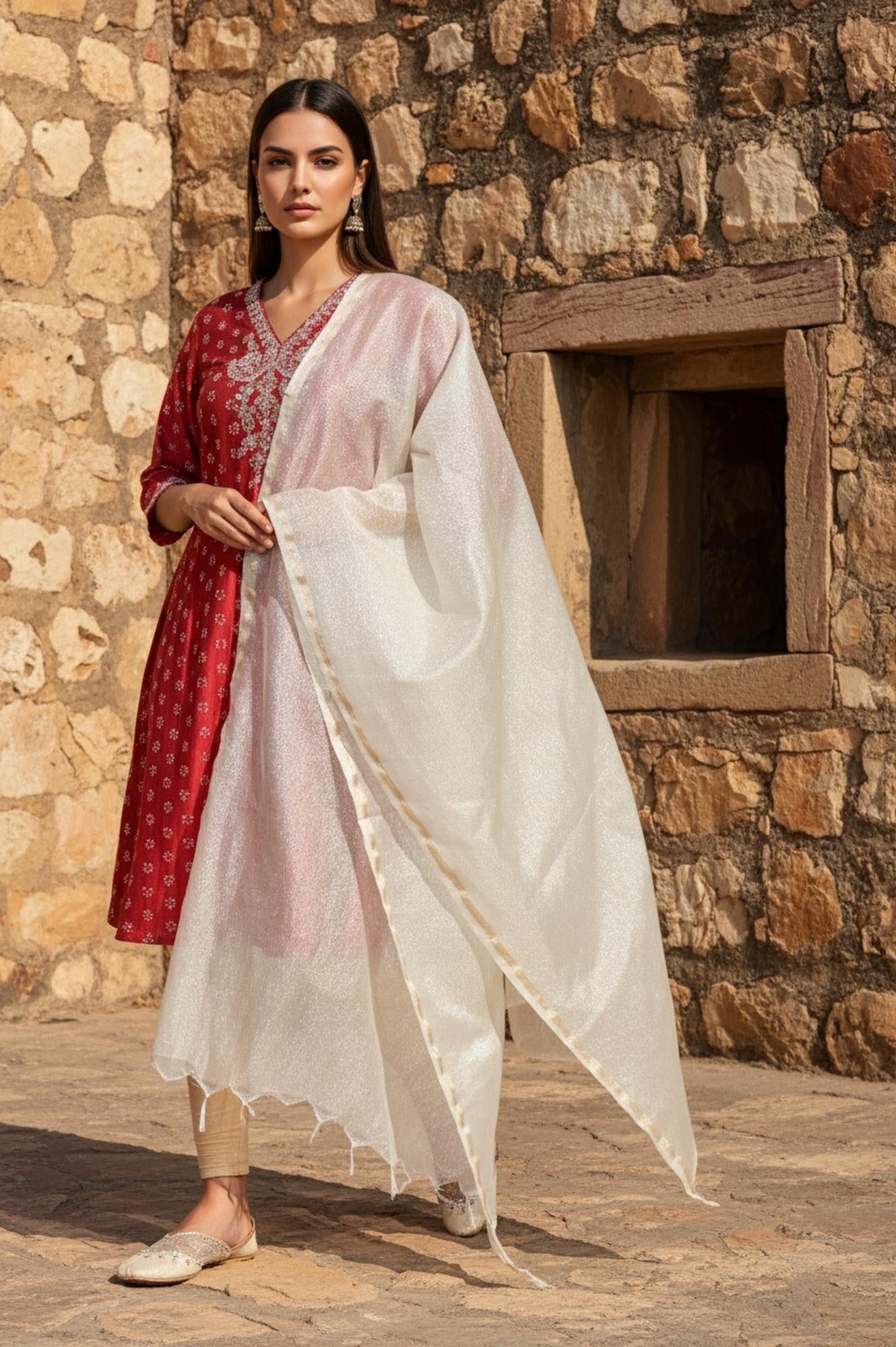 Gold Crushed Solid Zari Work Tissue Dupatta