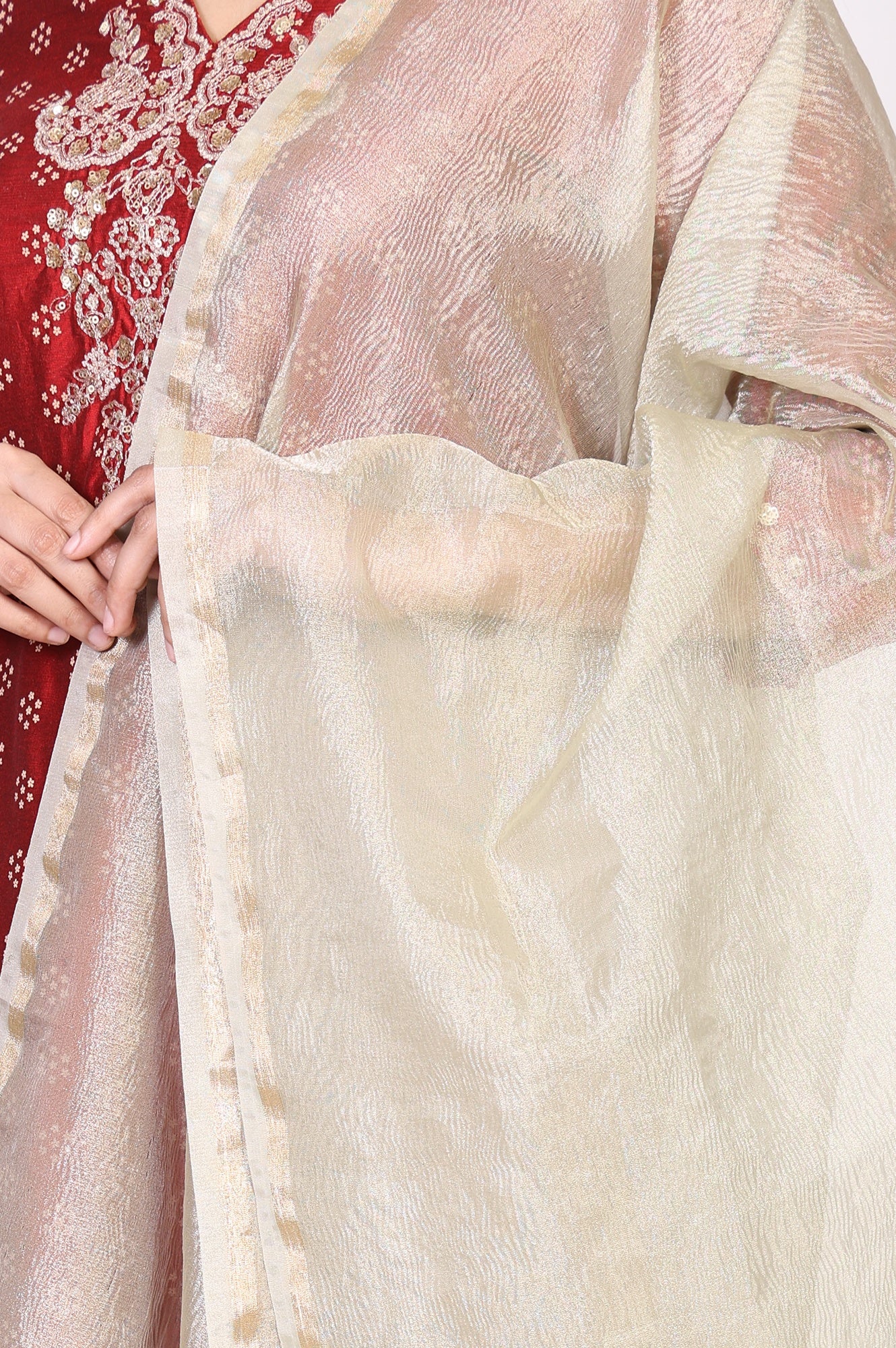 Gold Crushed Solid Zari Work Tissue Dupatta