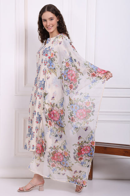 White Floral Printed Chiffon Dupatta with Lace