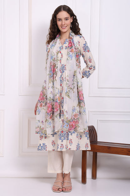 White Floral Printed Chiffon Dupatta with Lace