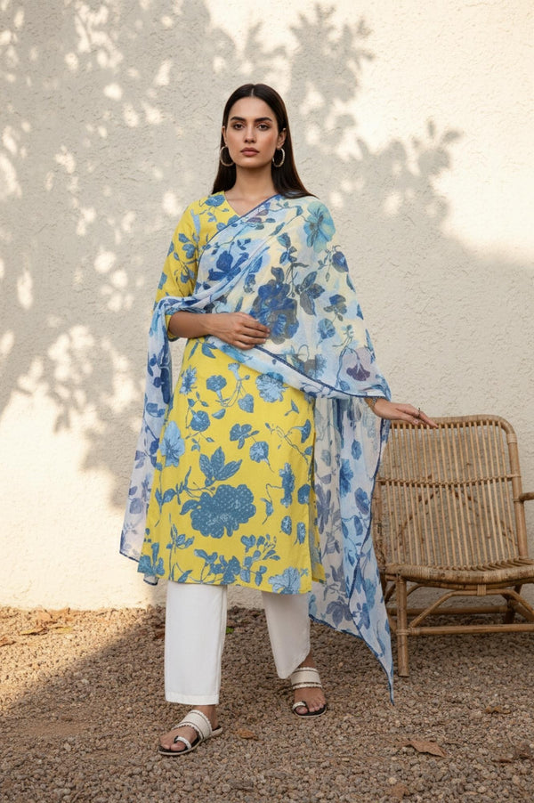 Blue Floral Printed Chiffon Dupatta with Lace