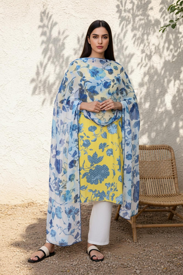 Blue Floral Printed Chiffon Dupatta with Lace