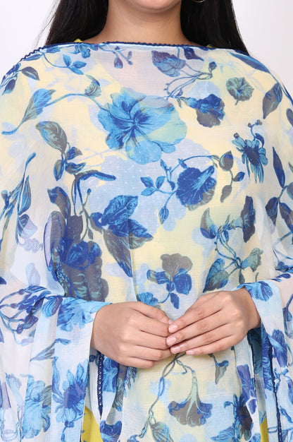 Blue Floral Printed Chiffon Dupatta with Lace