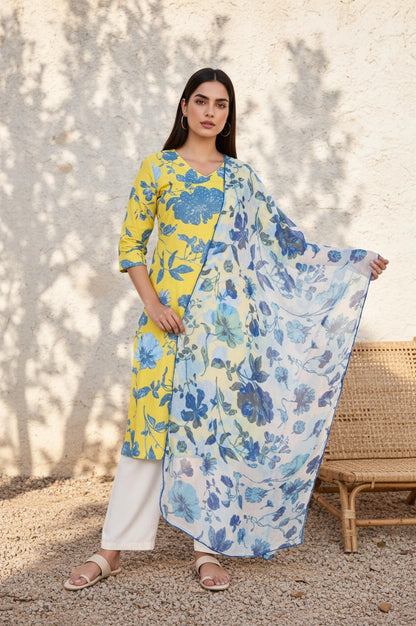 Blue Floral Printed Chiffon Dupatta with Lace