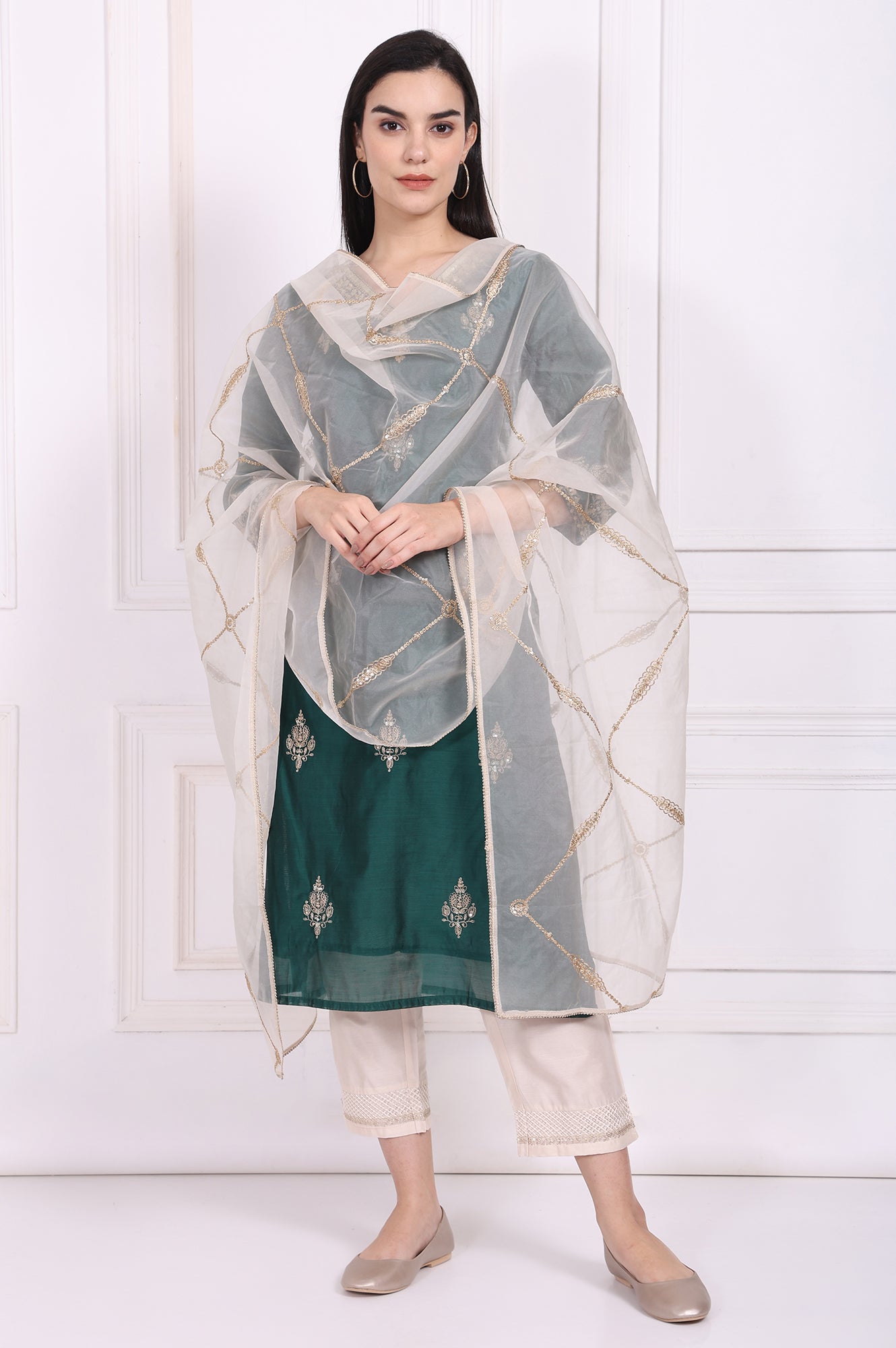 Off-White Embroidered Organza Dupatta