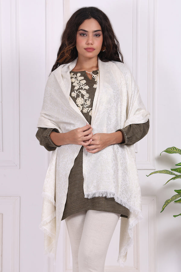 Off-White Textured Woven Design Fringed Stole