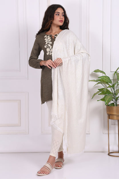 Off-White Textured Woven Design Fringed Stole