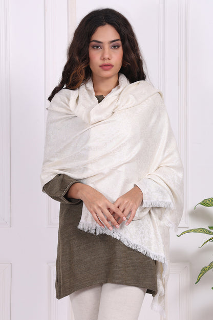Off-White Textured Woven Design Fringed Stole