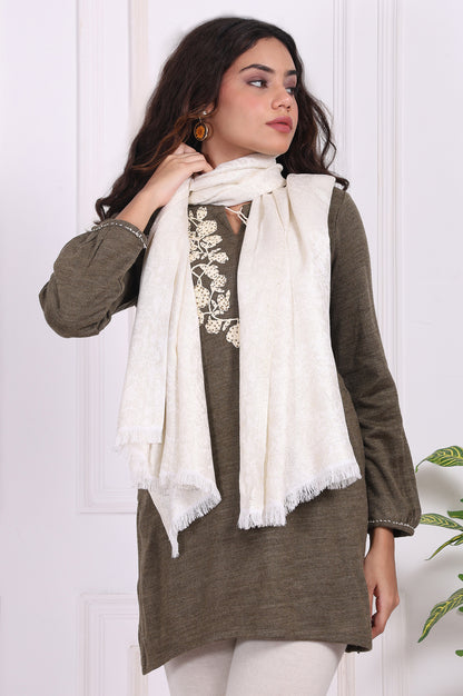 Off-White Textured Woven Design Fringed Stole