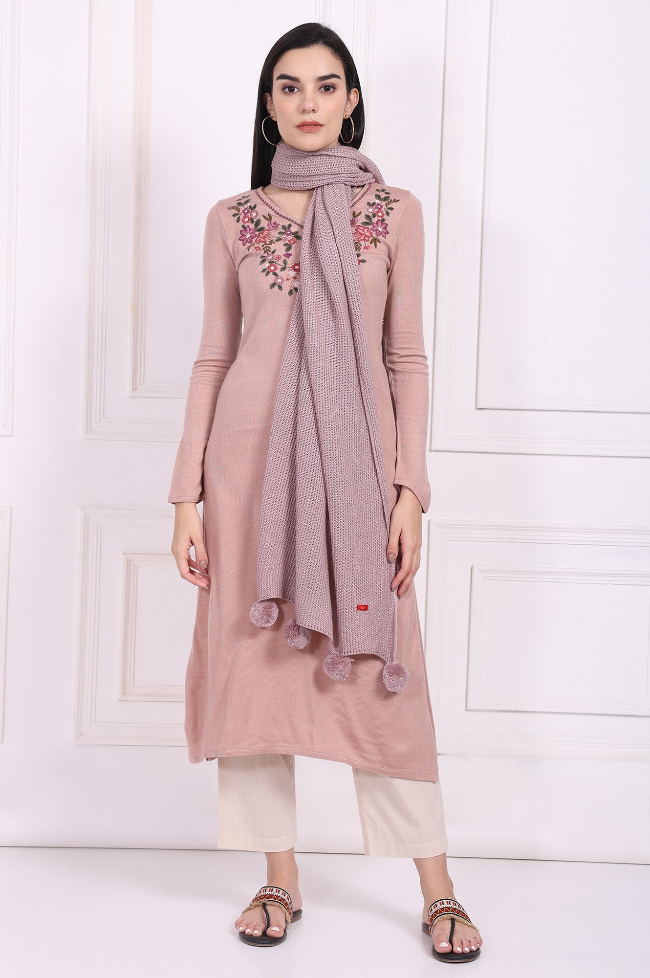 Pink Solid Pom Pom Acrylic Winter Stole
