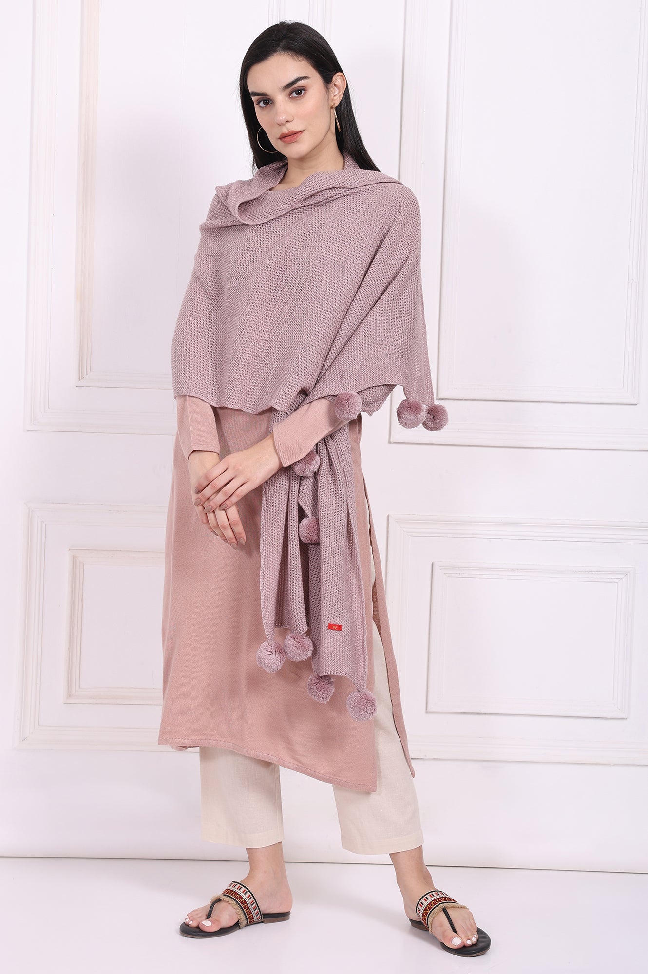 Pink Solid Pom Pom Acrylic Winter Stole