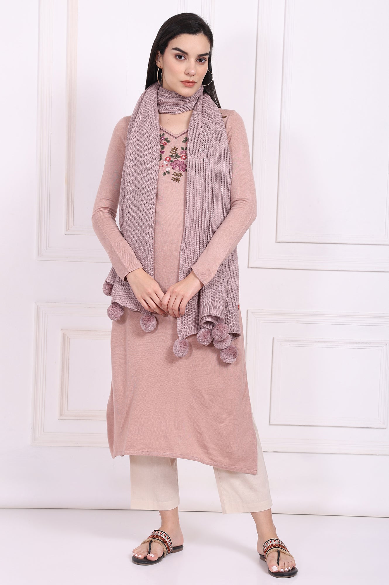 Pink Solid Pom Pom Acrylic Winter Stole