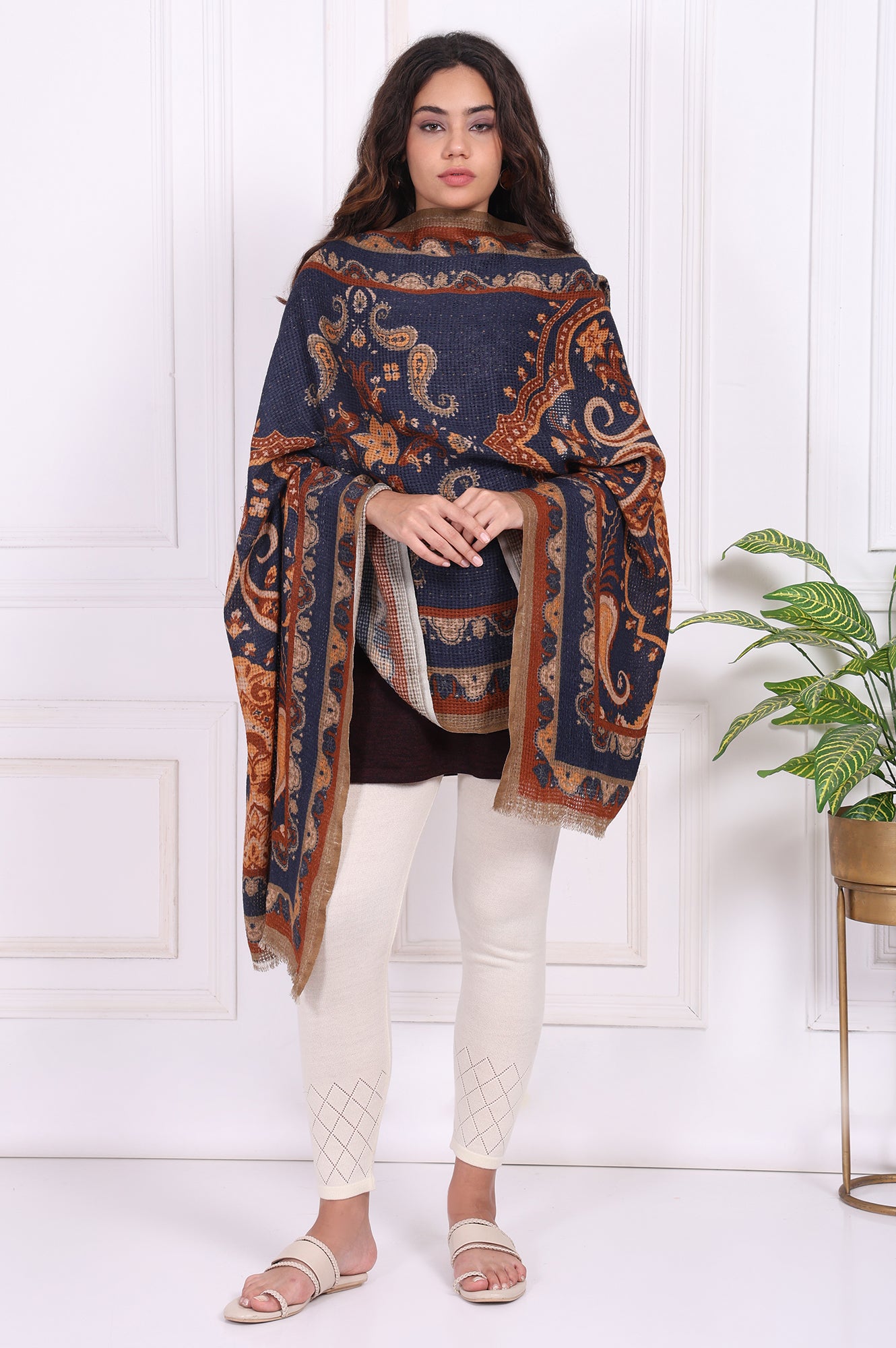Beige Paisley Printed Wool Shawl
