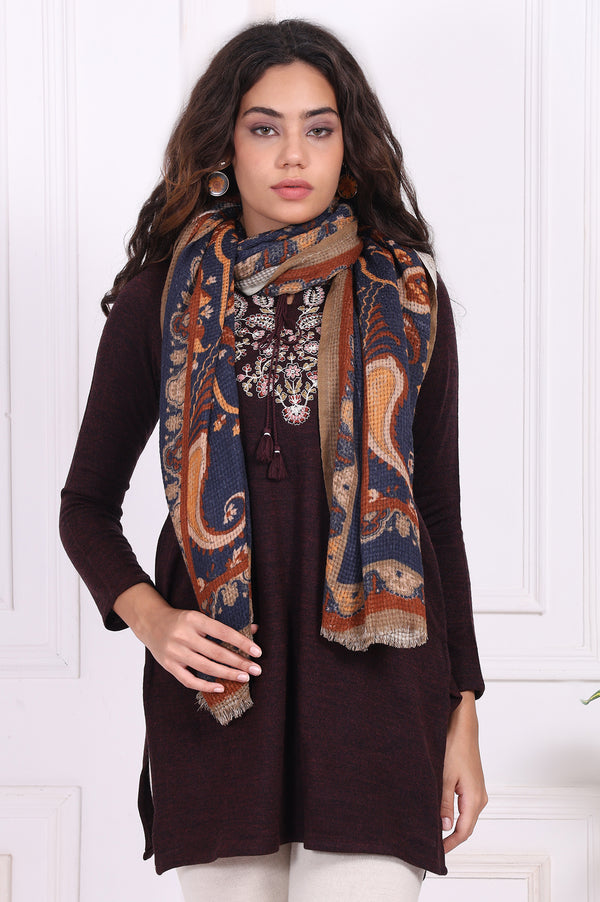 Beige Paisley Printed Wool Shawl