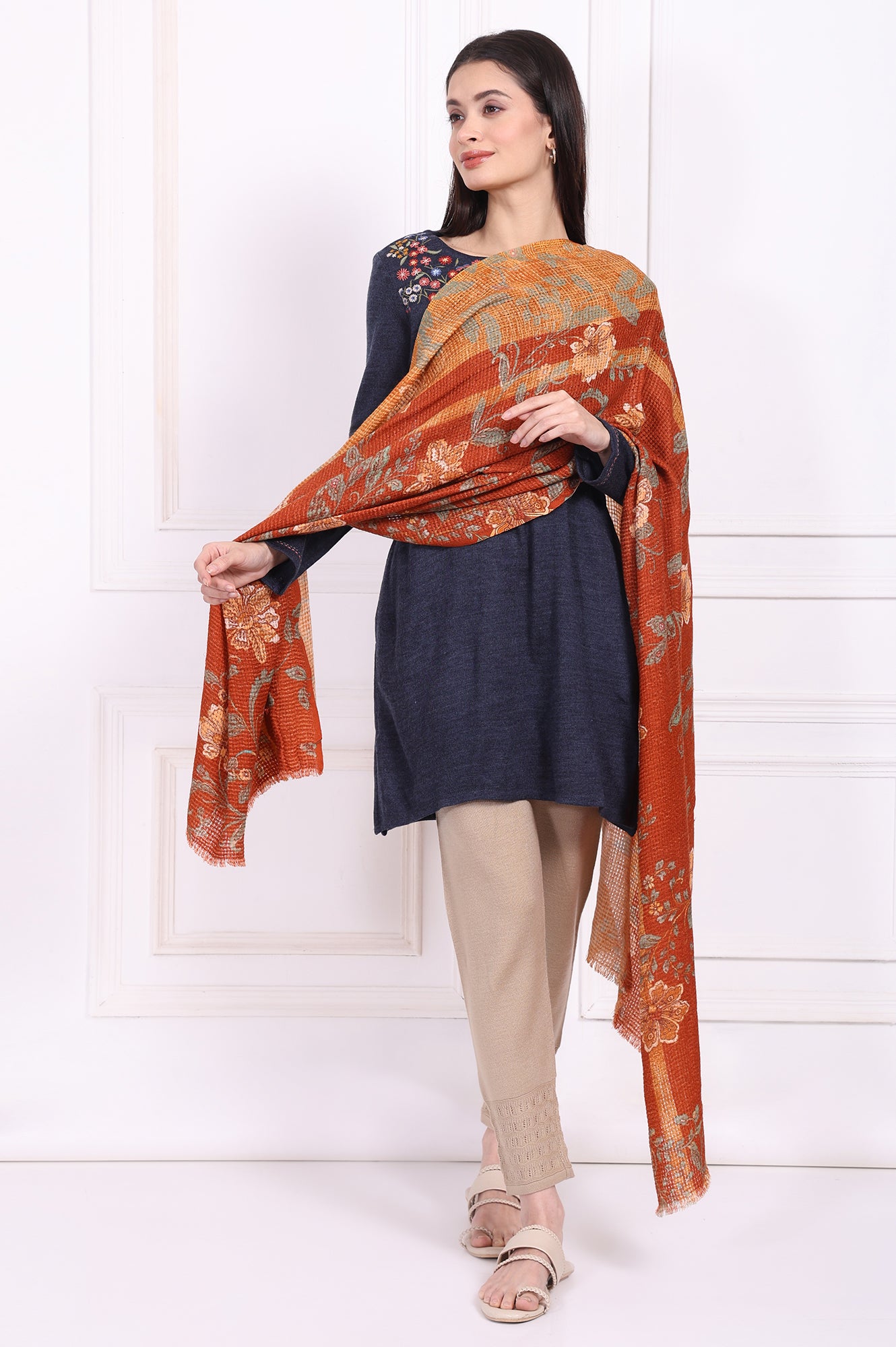 Rust Floral Printed Wool Shawl