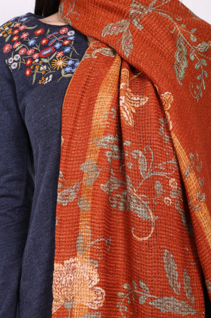 Rust Floral Printed Wool Shawl