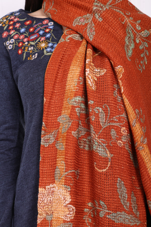 Rust Floral Printed Wool Shawl