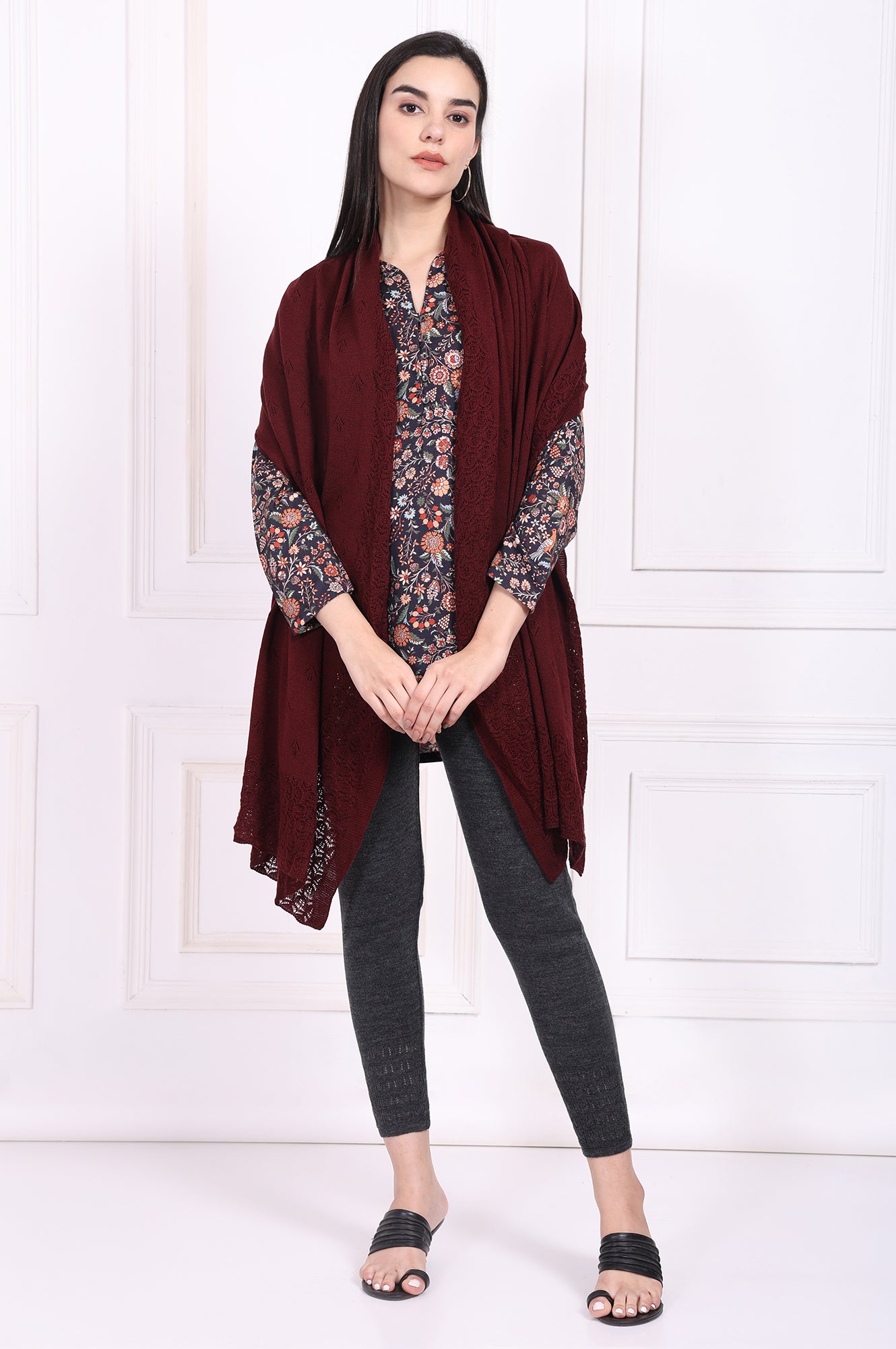 Maroon Textured Acrylic Winter Stole