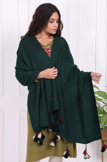 Green Textured Tasseled Acrowool Shawl