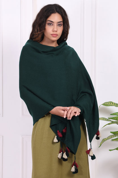 Green Textured Tasseled Acrowool Shawl