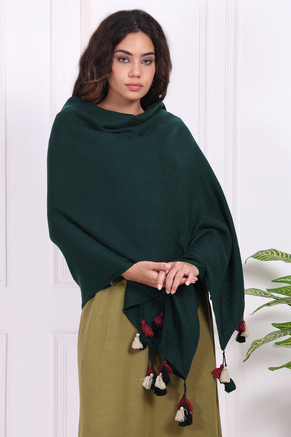 Green Textured Tasseled Acrowool Shawl