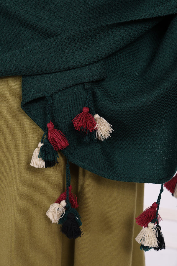 Green Textured Tasseled Acrowool Shawl
