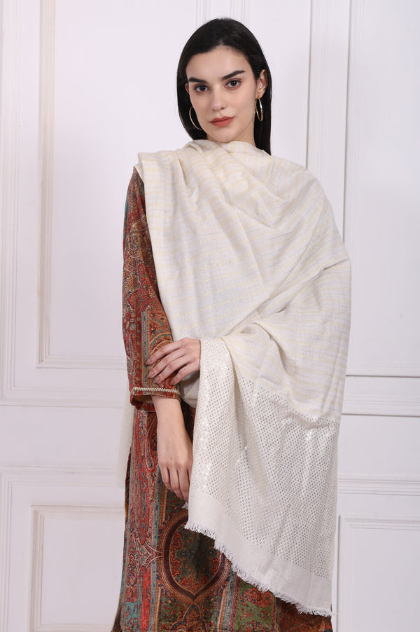 Off-White Striped Sequined Acrylic Stole