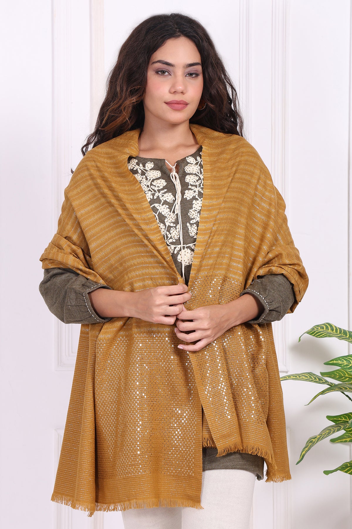 Cream Striped Sequined Shawl Acrylic Stole - FS
